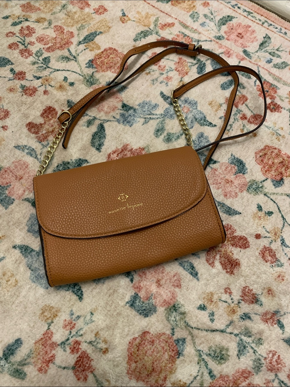Nanette Lepore Cognac Pebbled Leather Crossbody with Gold Chain